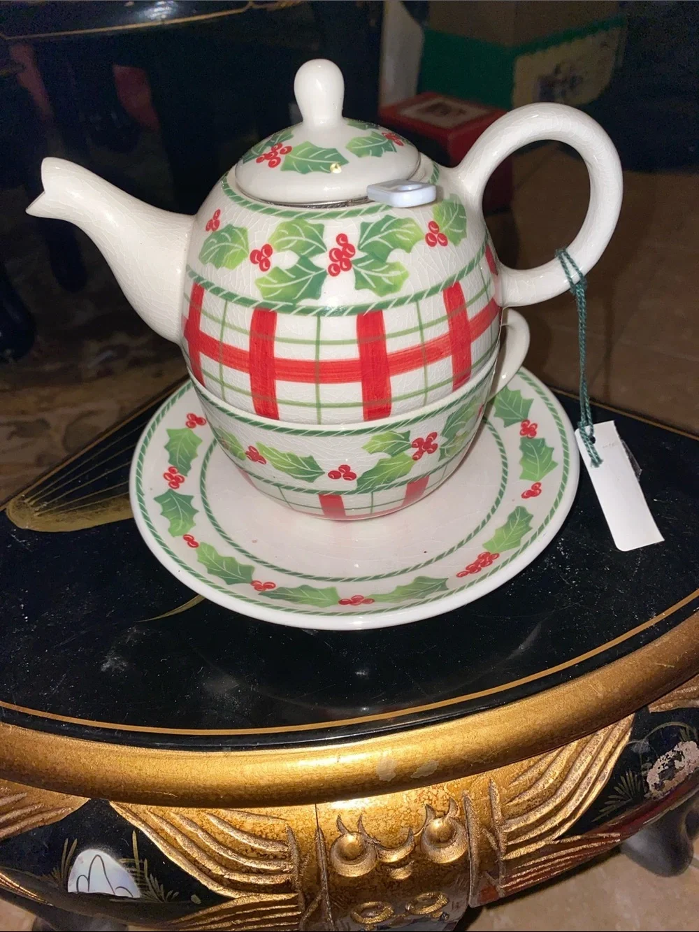 Andrea by Sadek Holiday Holly Teapot and Cup Set - Green & Red - 5 Peace